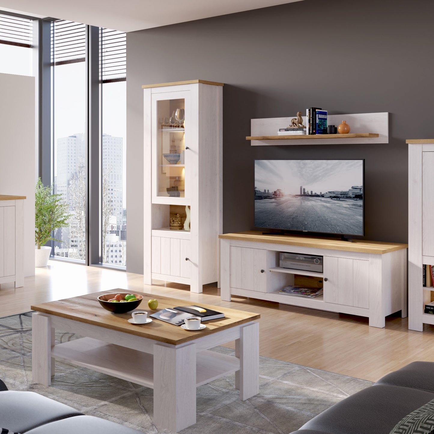 Celesto 2 Door Display Cabinet with LED Lights in White and Oak