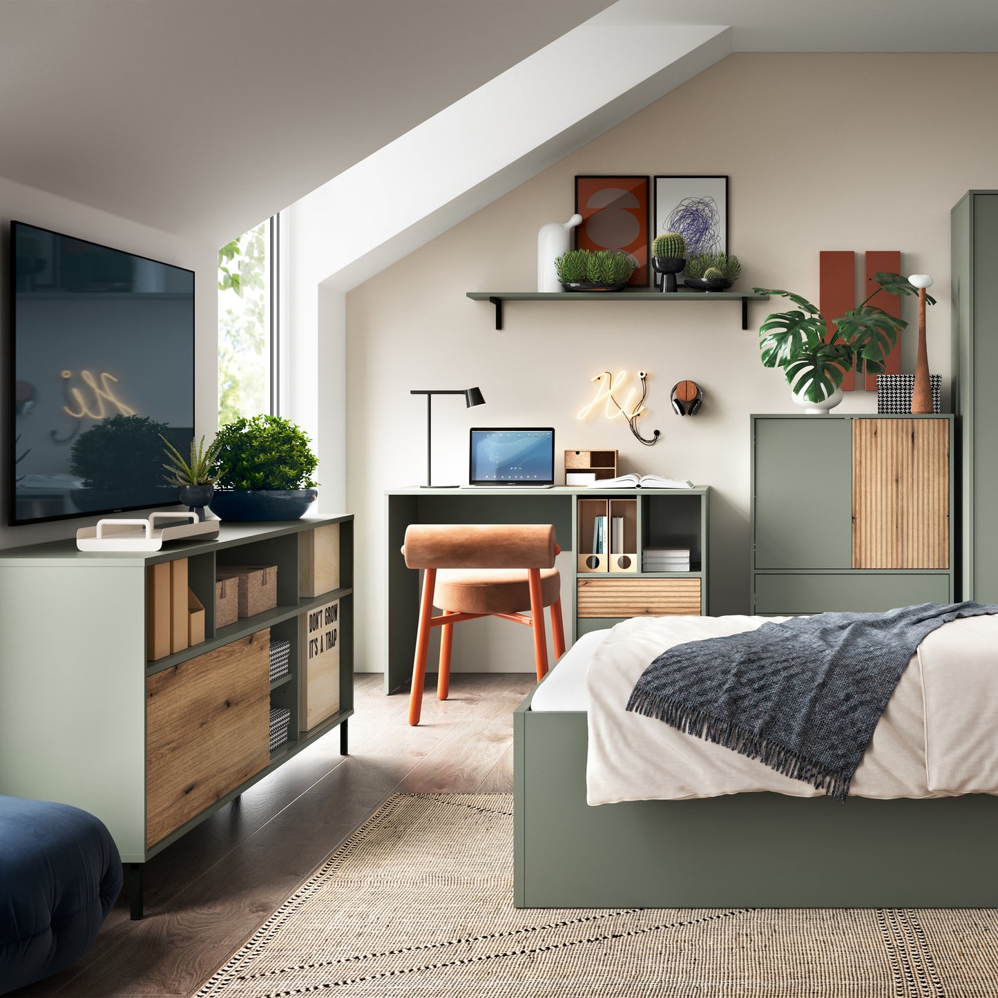 Darwin TV Cabinet 1 door 73cm High in Green/Oak