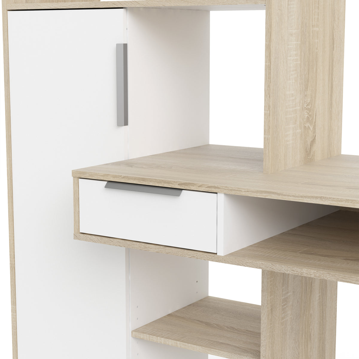Function Plus Desk White and Oak with Drawer and Cupboard