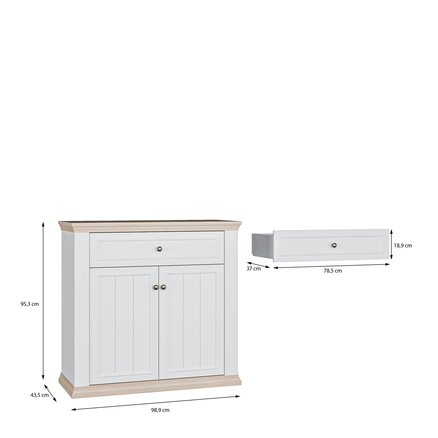 Pontypool 2 Door 1 Drawer Small Sideboard in White and Riva Oak