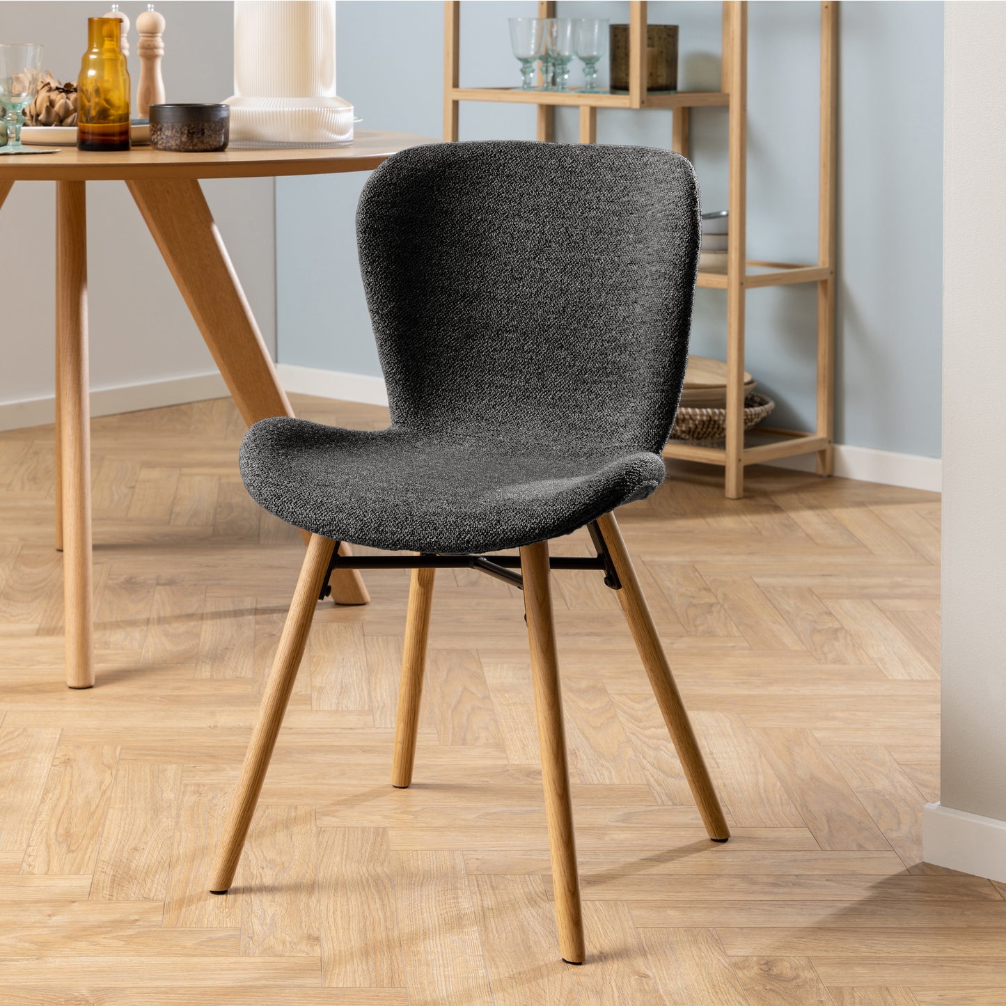 Townsville Round Dinning Table in White and Oak 100cm includes 4 Batilda Dining Chairs with Grey Fabric and Oak