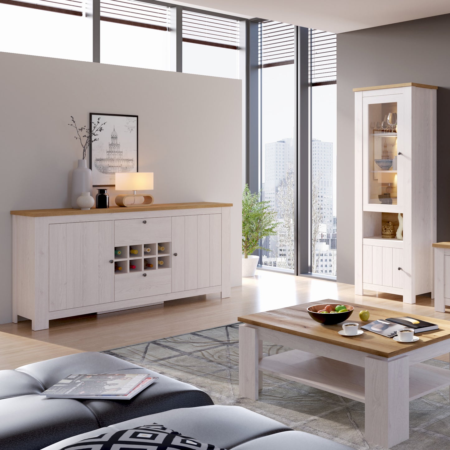 Celesto 2 Door 4 Shelves Cabinet in White and Oak