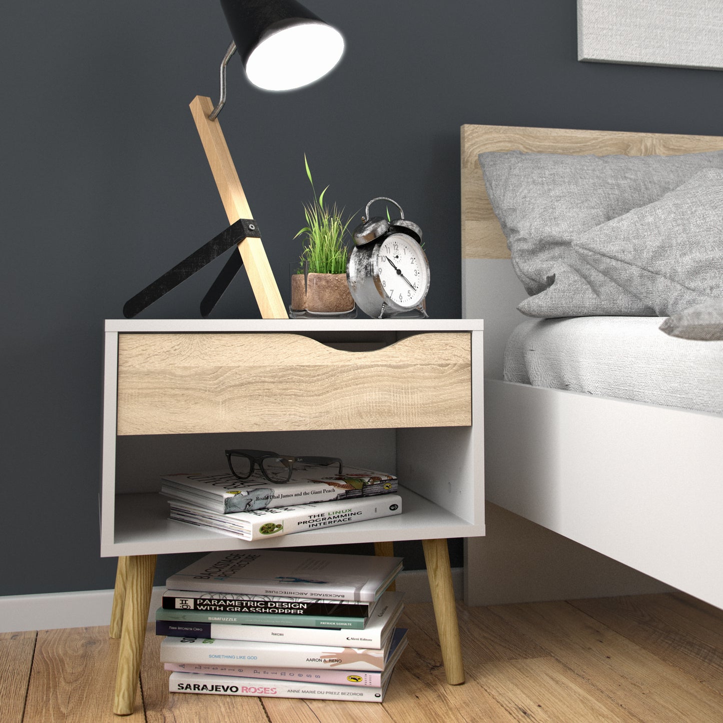 Oslo Package - Bedside 1 Drawer + Chest of 5 Drawers (2+3) + Wardrobe 2 Doors 2 Drawers in White and Oak
