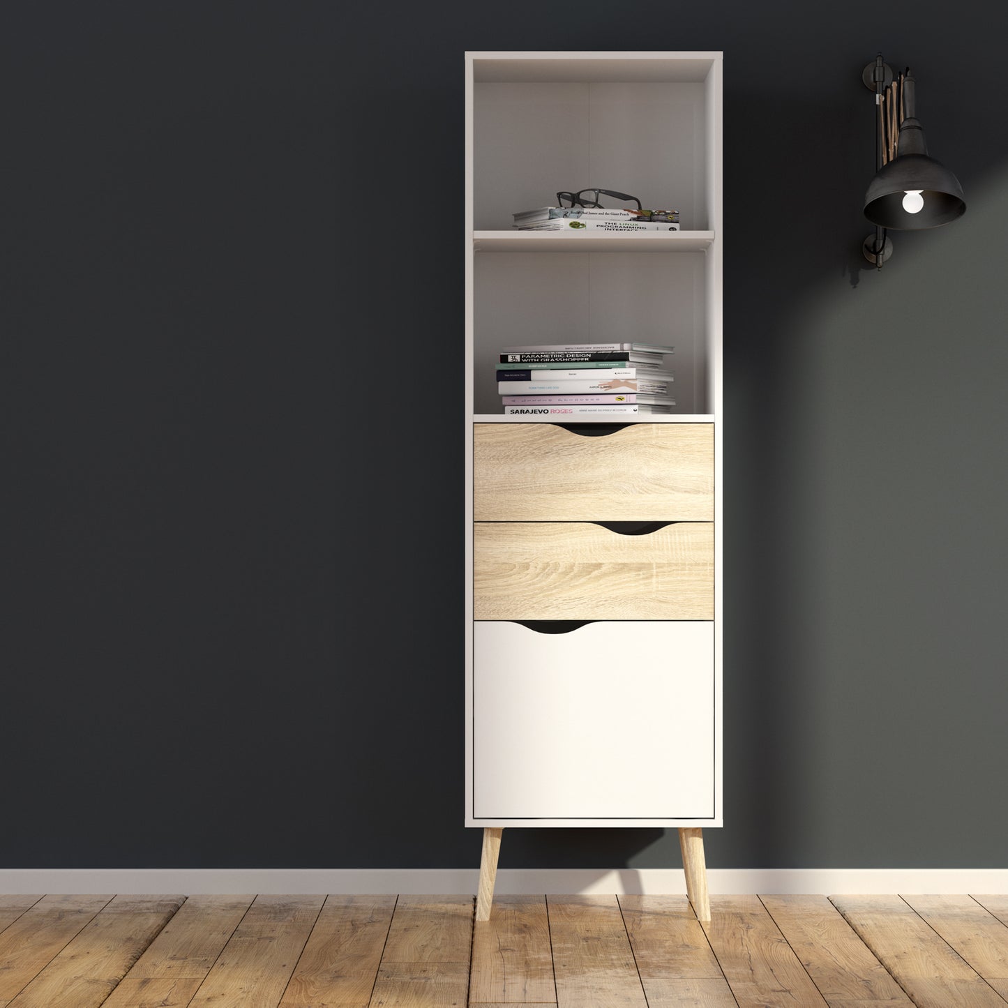 Oslo Bookcase with 2 Drawers and 1 Door White and Oak