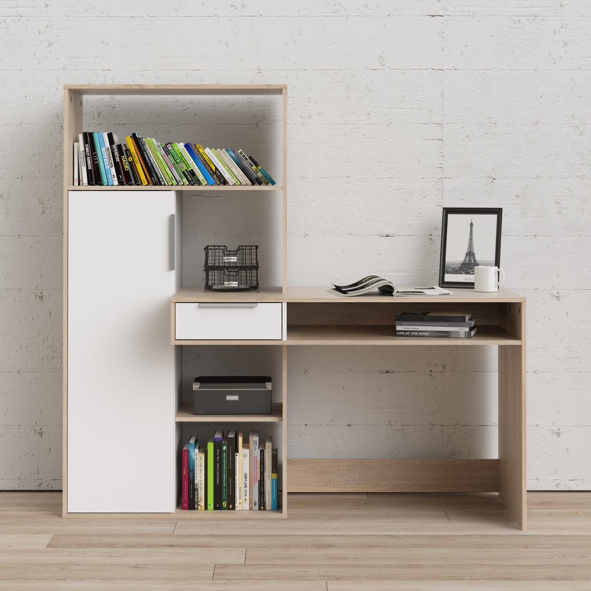 Function Plus Desk White and Oak with Drawer and Cupboard