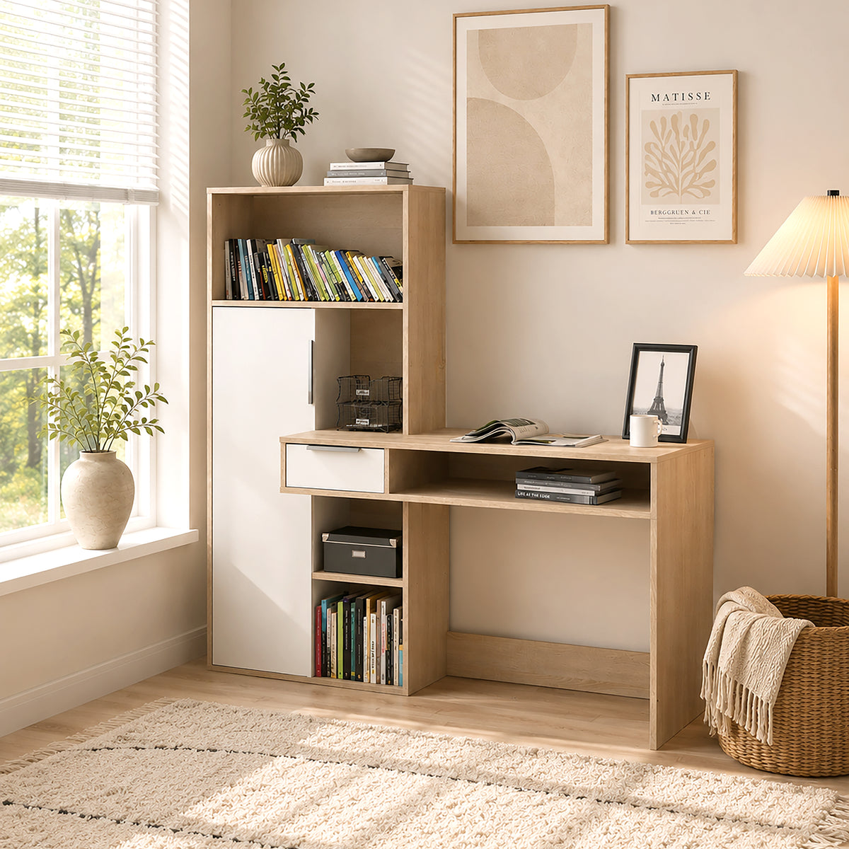 Function Plus Desk White and Oak with Drawer and Cupboard