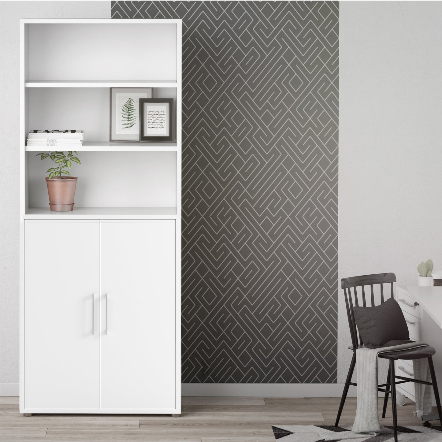 Prima Bookcase 4 Shelves with 2 Drawers 2 Doors In White