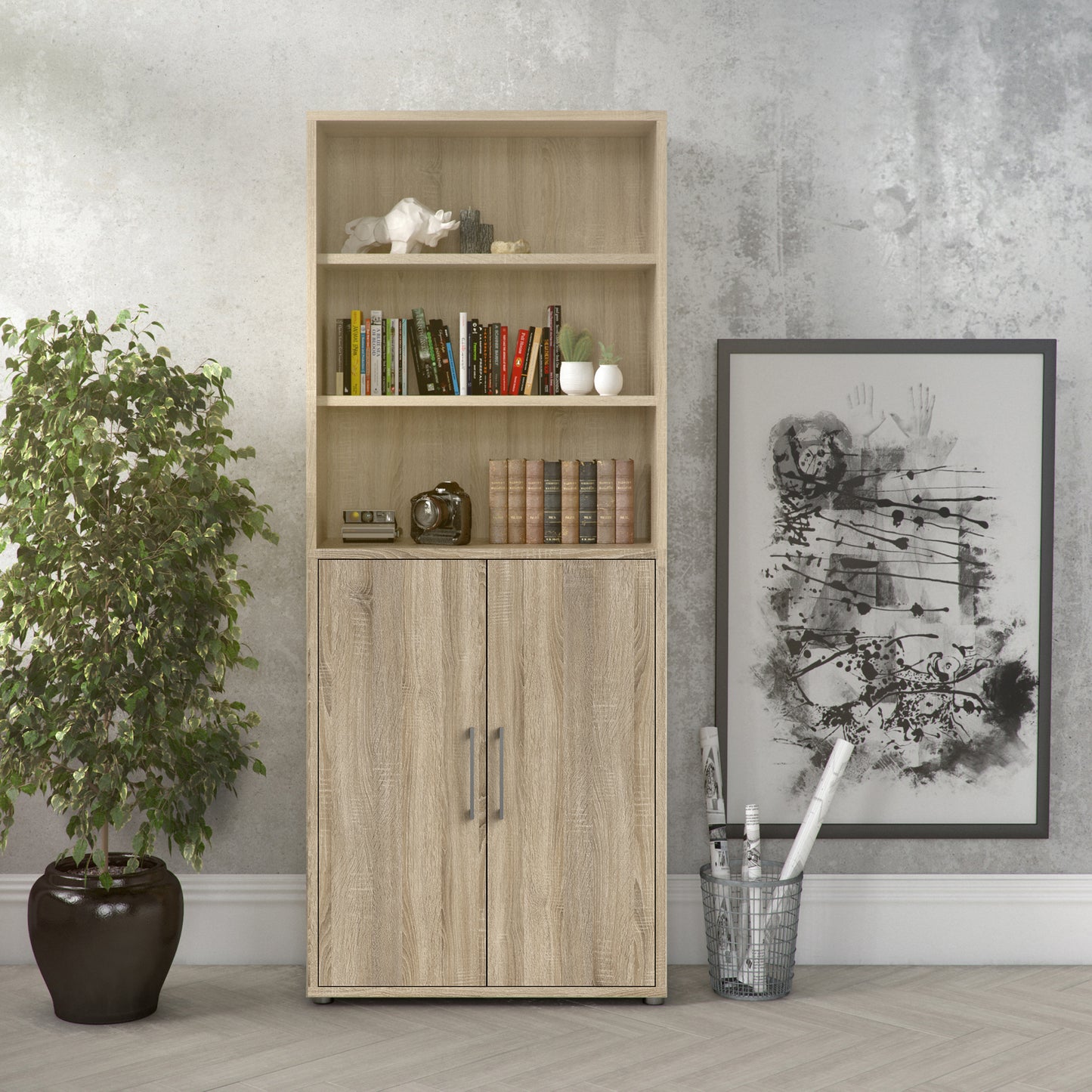 Prima Bookcase 2 Shelves with 2 Drawers 2 File Drawers in Oak