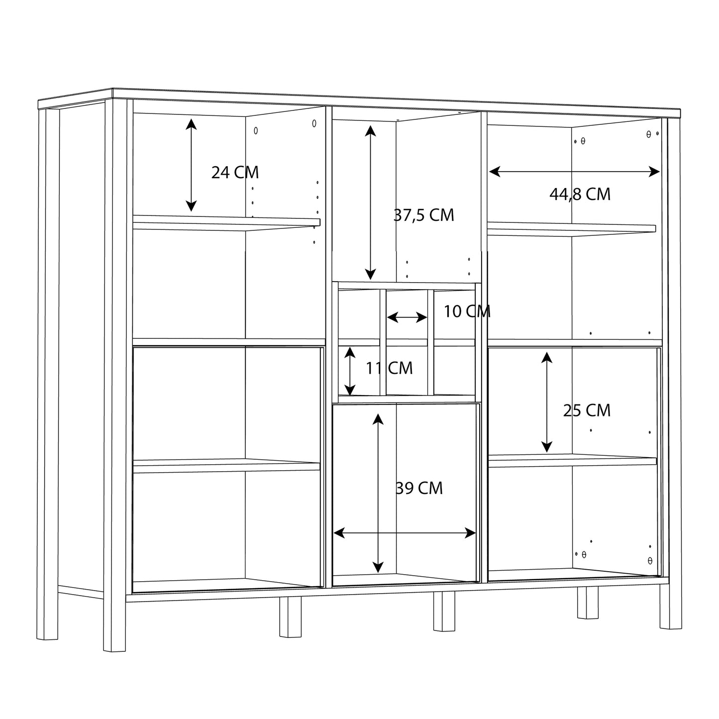High Rock Wide Shelf Unit in Matt Black/Riviera Oak With 3 Drawers