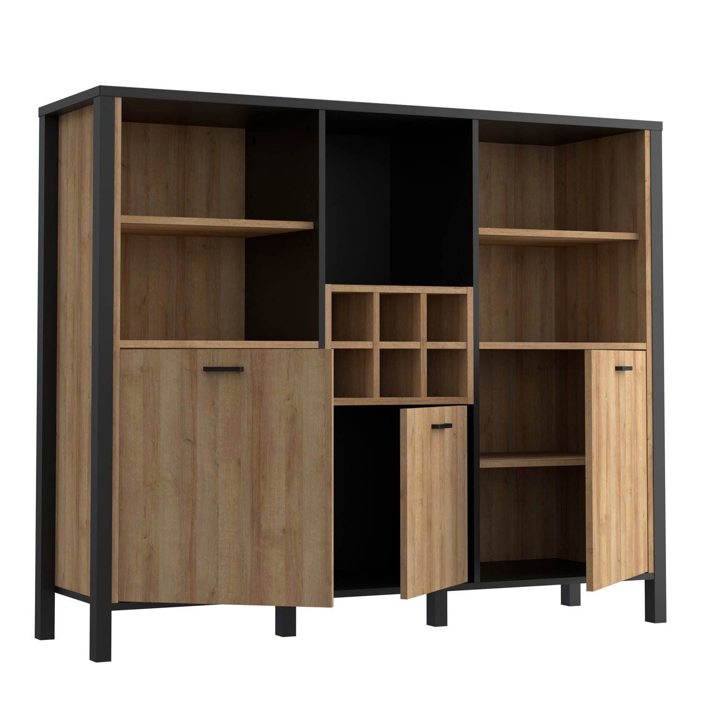 High Rock Wide Shelf Unit in Matt Black/Riviera Oak With 3 Drawers