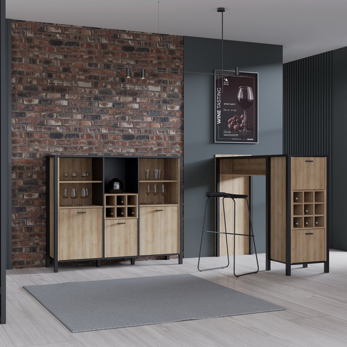 High Rock Wide Shelf Unit in Matt Black/Riviera Oak With 3 Drawers