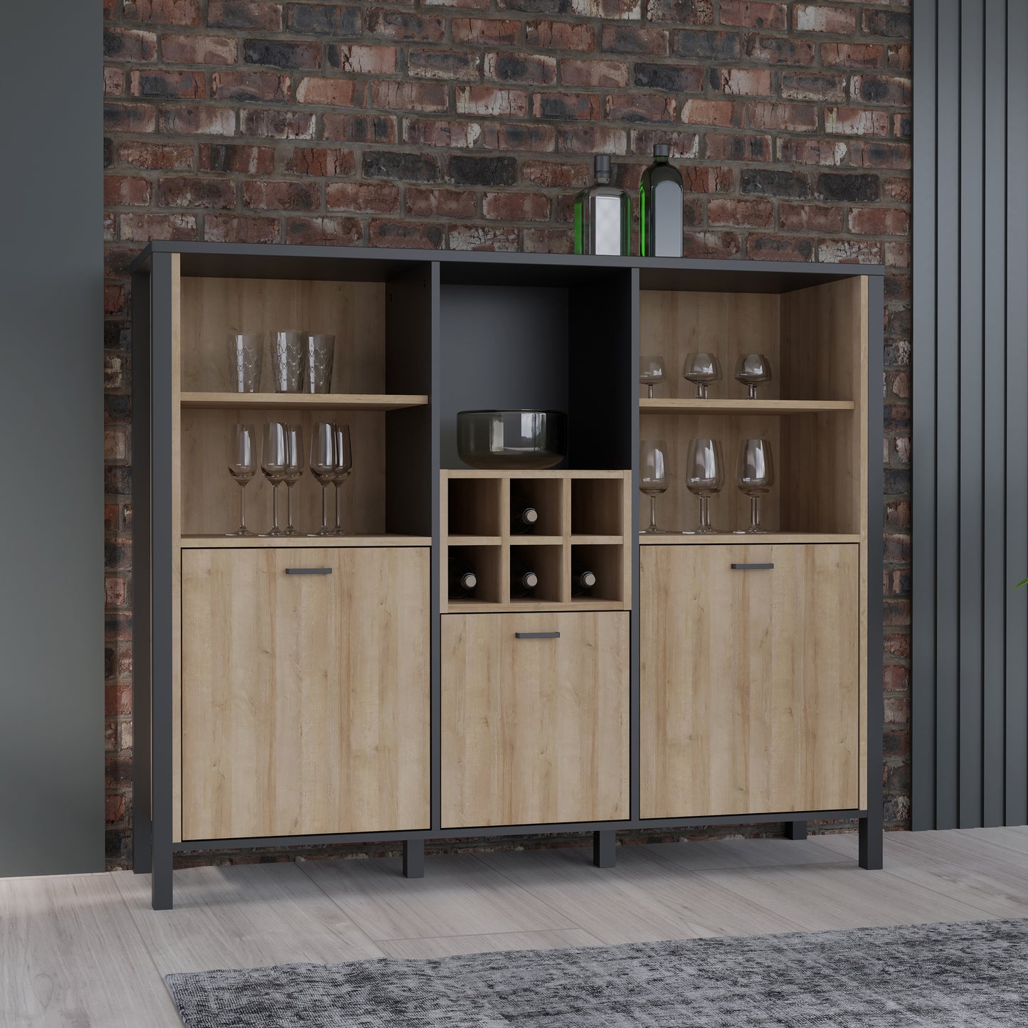 High Rock Wide Shelf Unit in Matt Black/Riviera Oak With 3 Drawers