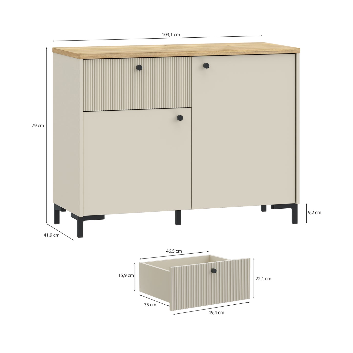 Bixbite Sideboard with Fluted Detail, Drawer & Cupboard in Mauvella Oak and Sand