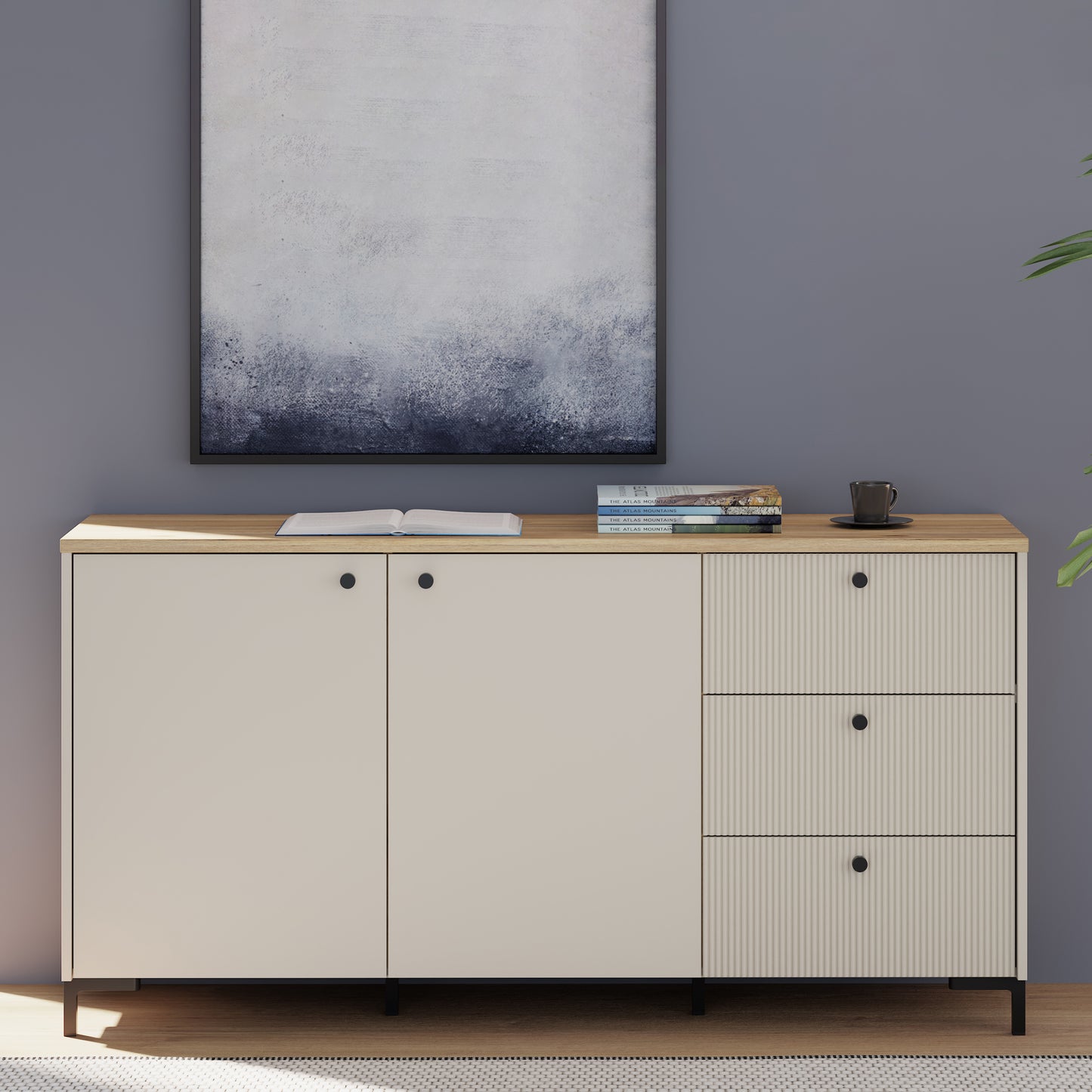 Bixbite Wide Sideboard with Fluted Drawers & Cupboard in Mauvella Oak and Sand