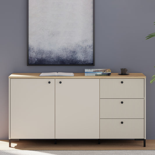Bixbite Wide Sideboard with Fluted Drawers & Cupboard in Mauvella Oak and Sand