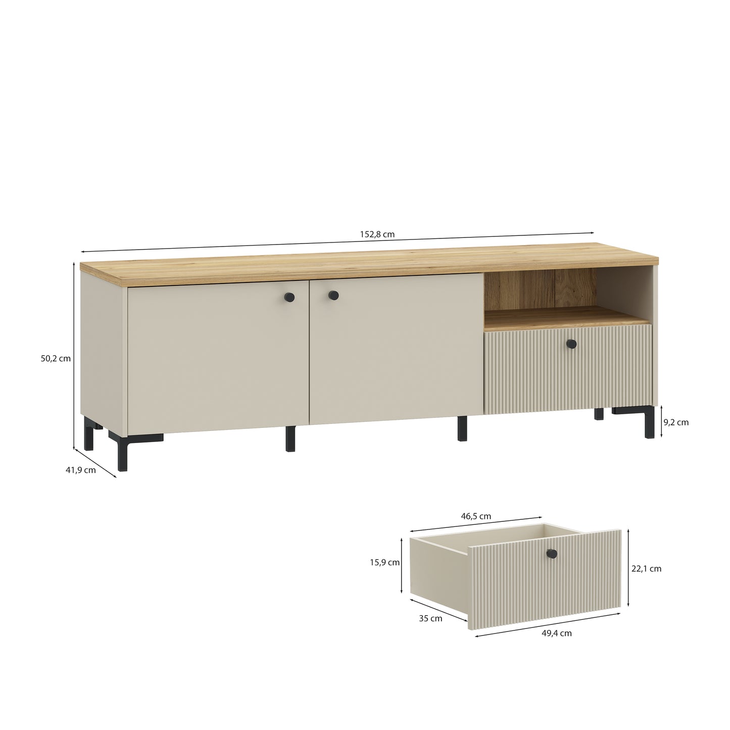 Bixbite Wide TV Unit with Fluted Drawer, Open Shelf & Cupboard in Mauvella Oak and Sand