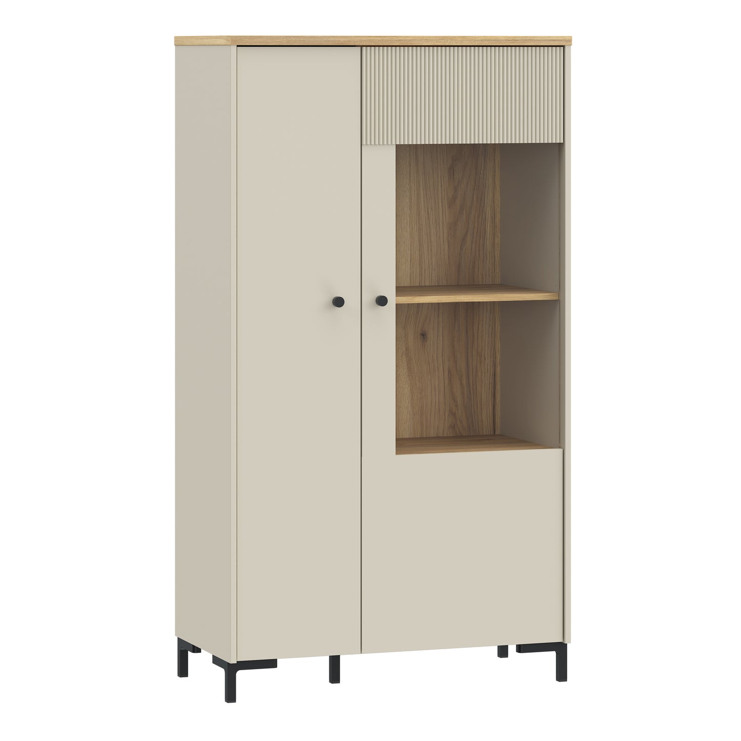 Bixbite Display Cabinet with Fluted Detail, Doors & Open Shelving in Mauvella Oak and Sand