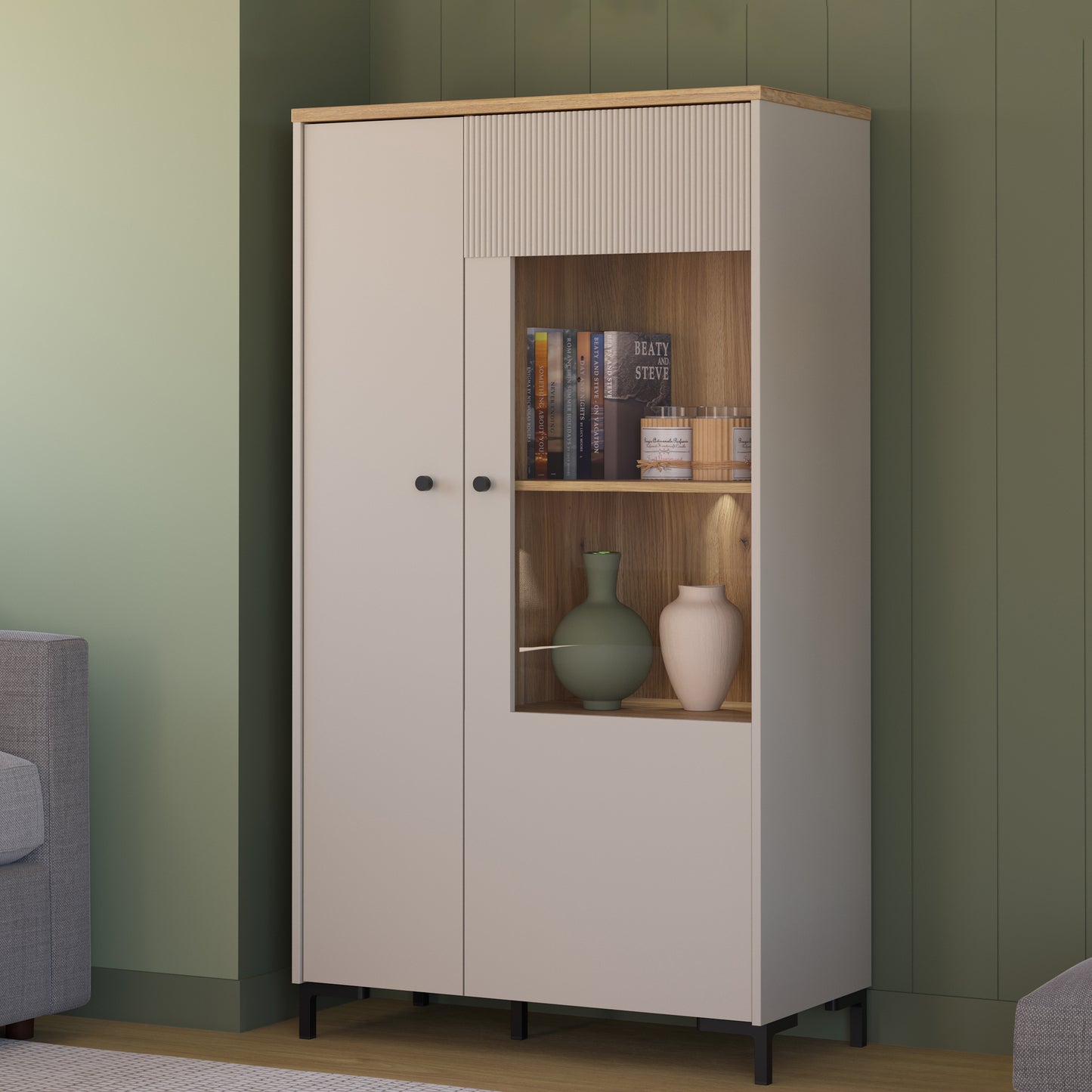 Bixbite Display Cabinet with Fluted Detail, Doors & Open Shelving in Mauvella Oak and Sand