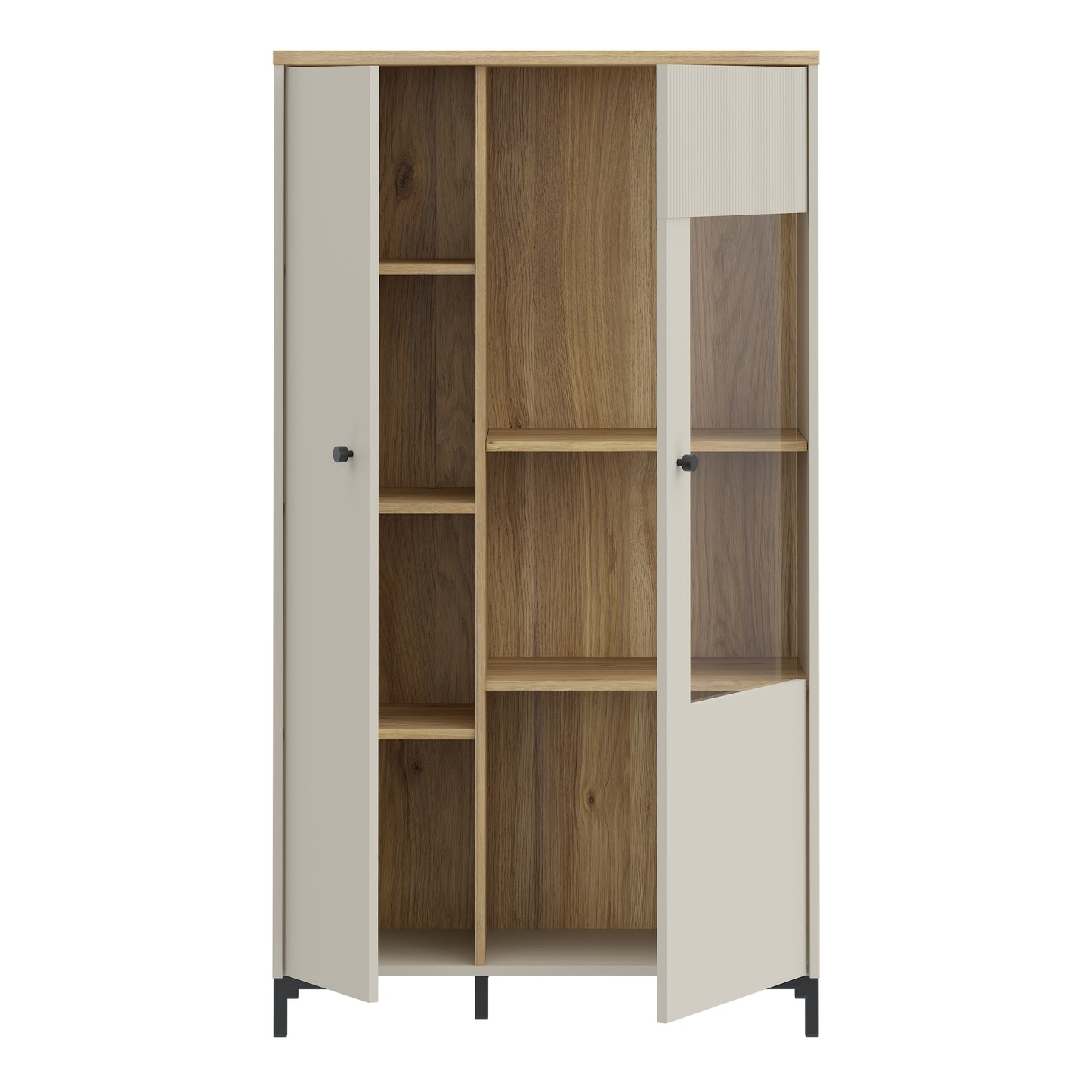 Bixbite Display Cabinet with Fluted Detail, Doors & Open Shelving in Mauvella Oak and Sand