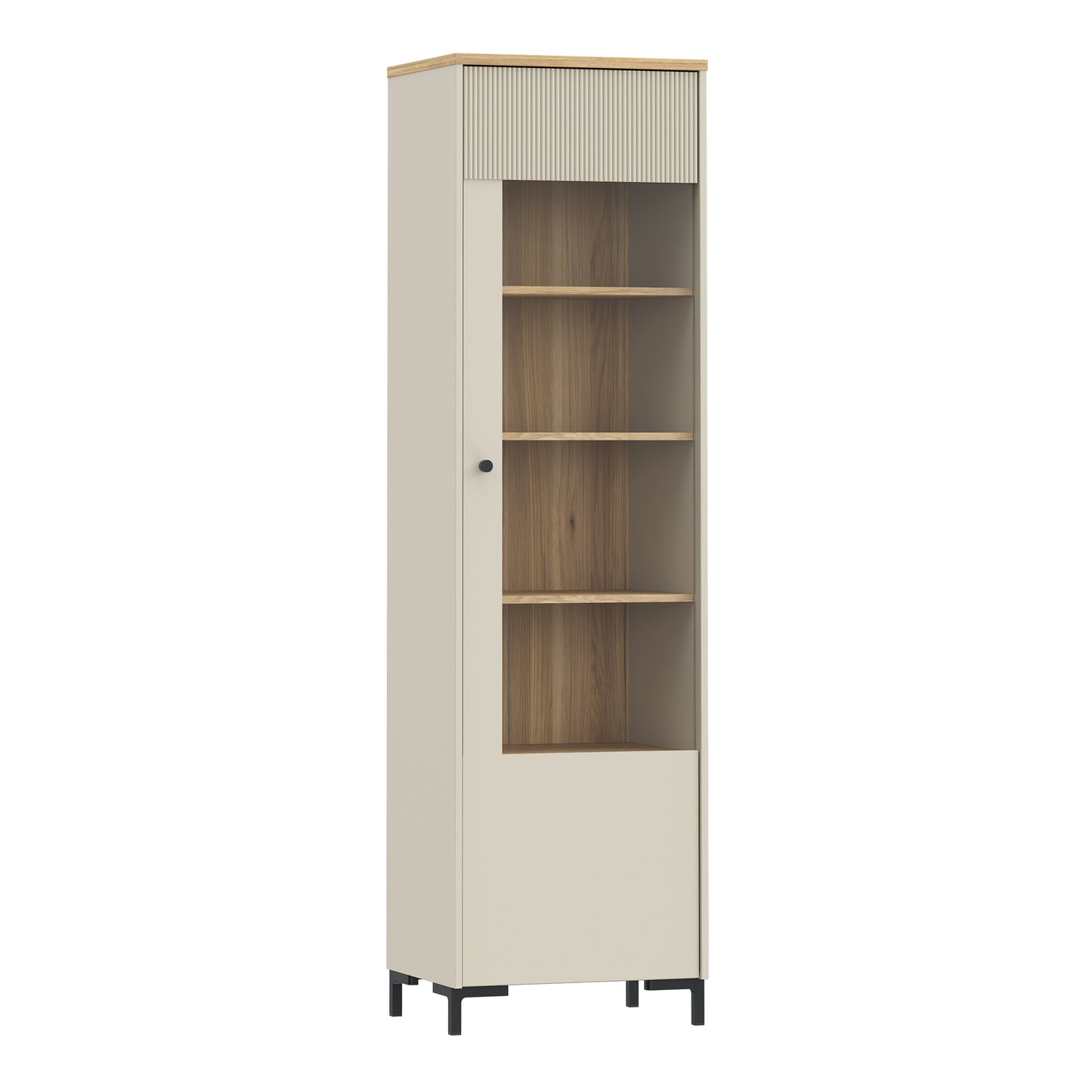Bixbite Tall Display Cabinet with Fluted Detail, Door & Open Shelving in Mauvella Oak and Sand