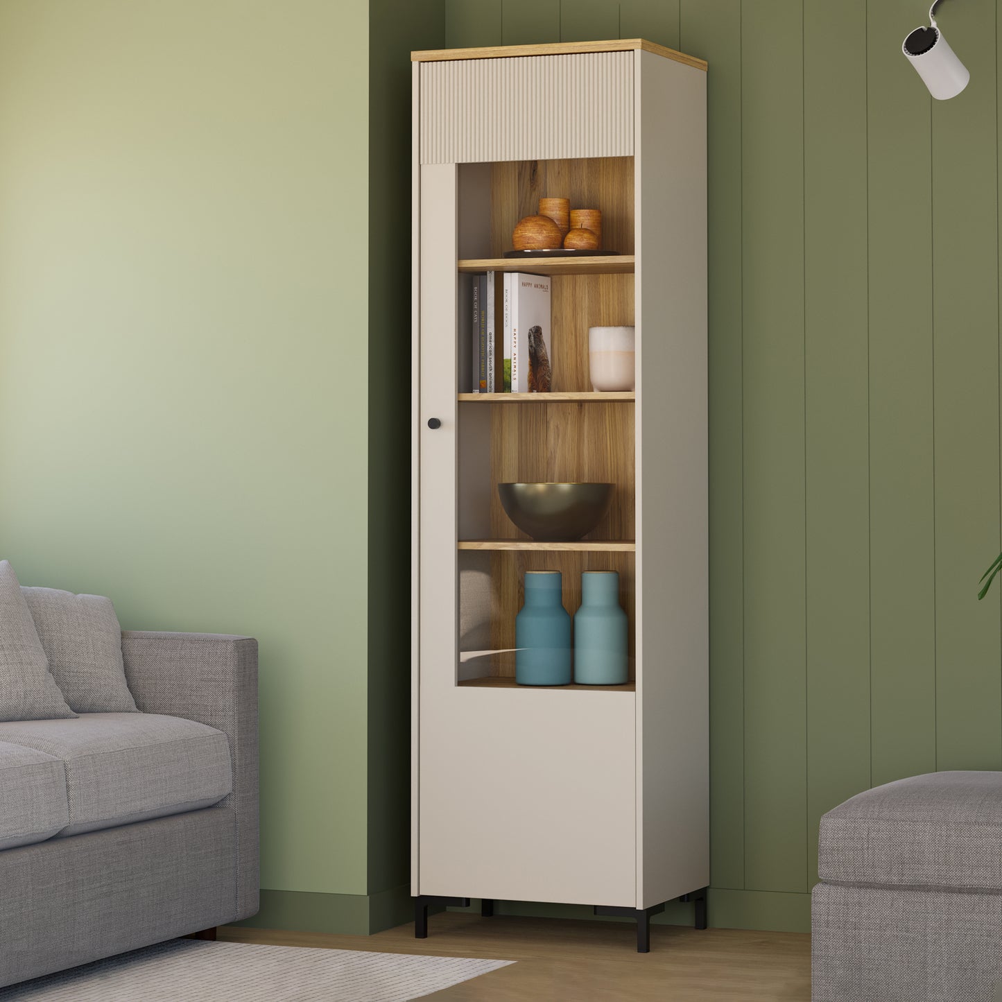 Bixbite Tall Display Cabinet with Fluted Detail, Door & Open Shelving in Mauvella Oak and Sand