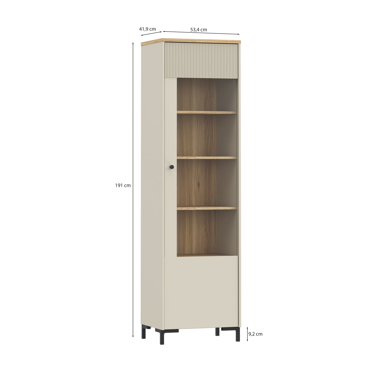 Bixbite Tall Display Cabinet with Fluted Detail, Door & Open Shelving in Mauvella Oak and Sand