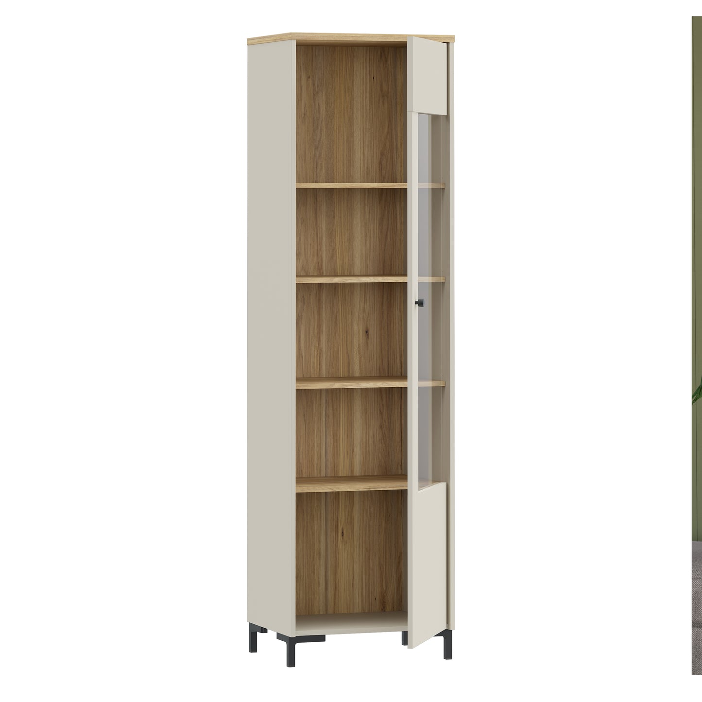 Bixbite Tall Display Cabinet with Fluted Detail, Door & Open Shelving in Mauvella Oak and Sand