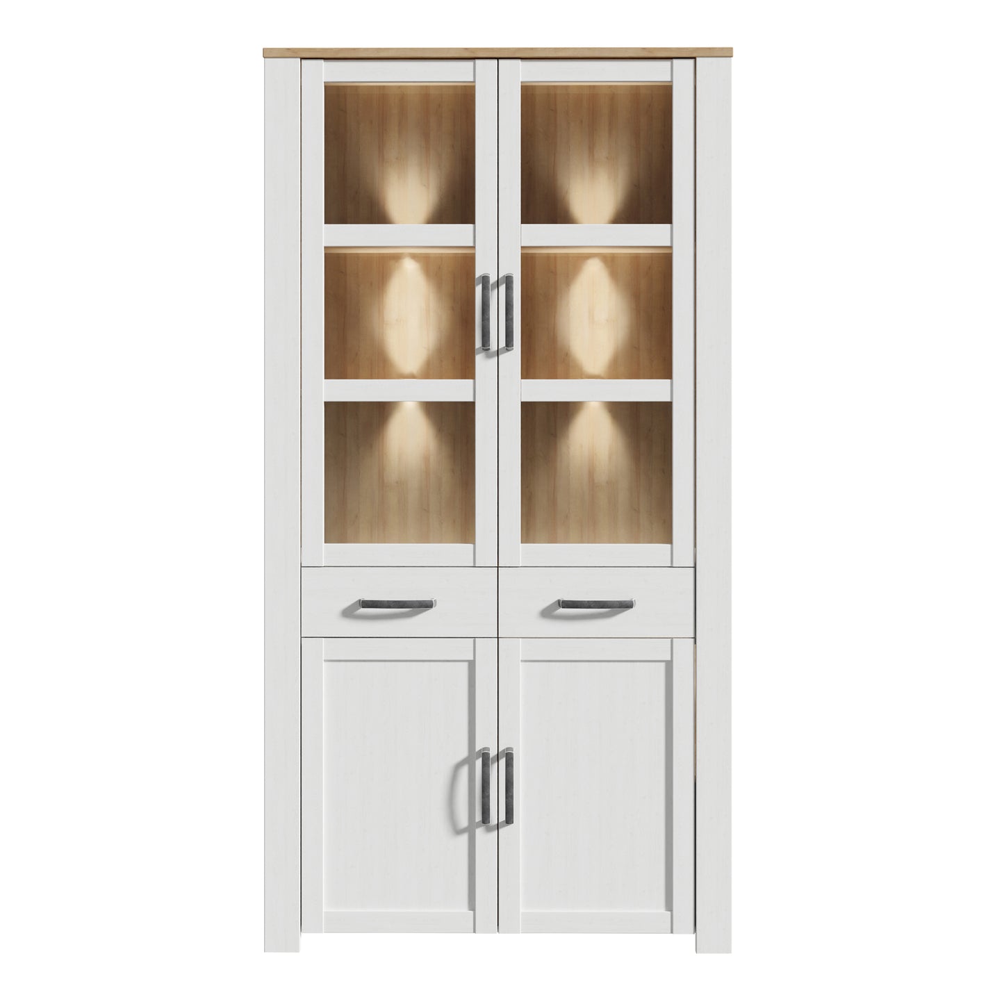 Bohol Display Cabinet 4 Door 2 Drawers in White/Riviera Oak inc LED lighting