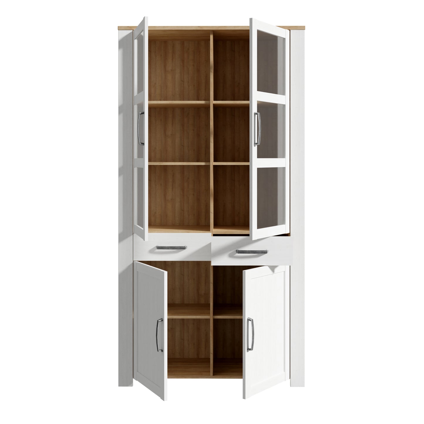 Bohol Display Cabinet 4 Door 2 Drawers in White/Riviera Oak inc LED lighting