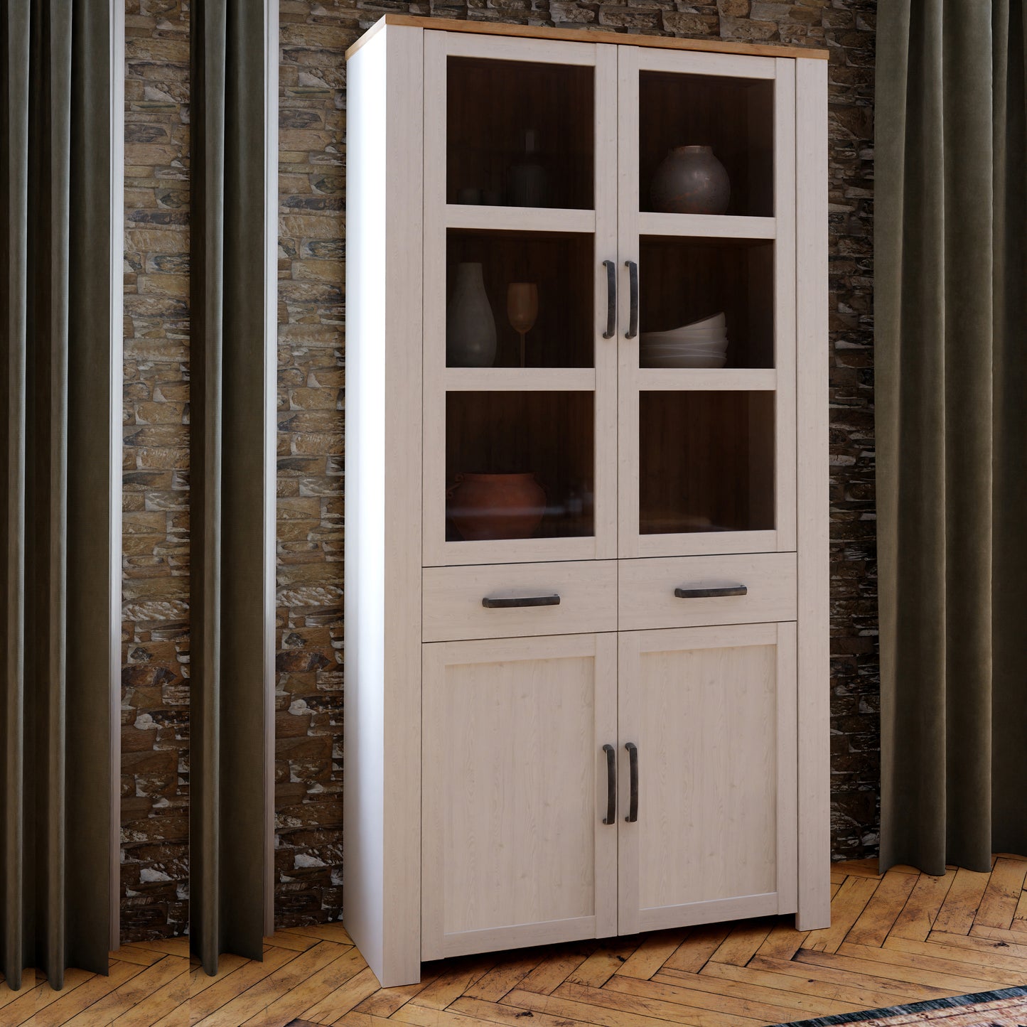 Bohol Display Cabinet 4 Door 2 Drawers in White/Riviera Oak inc LED lighting