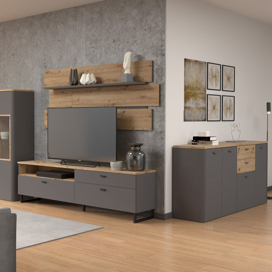 Klara TV Unit with 1 Drawer 2 Flip Doors in Grey and Oak