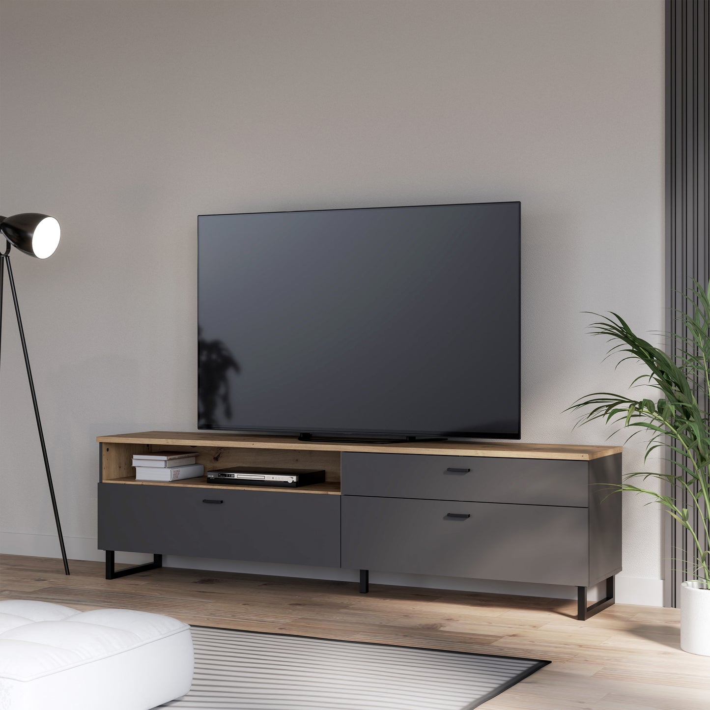 Klara TV Unit with 1 Drawer 2 Flip Doors in Grey and Oak inc LED Lighting
