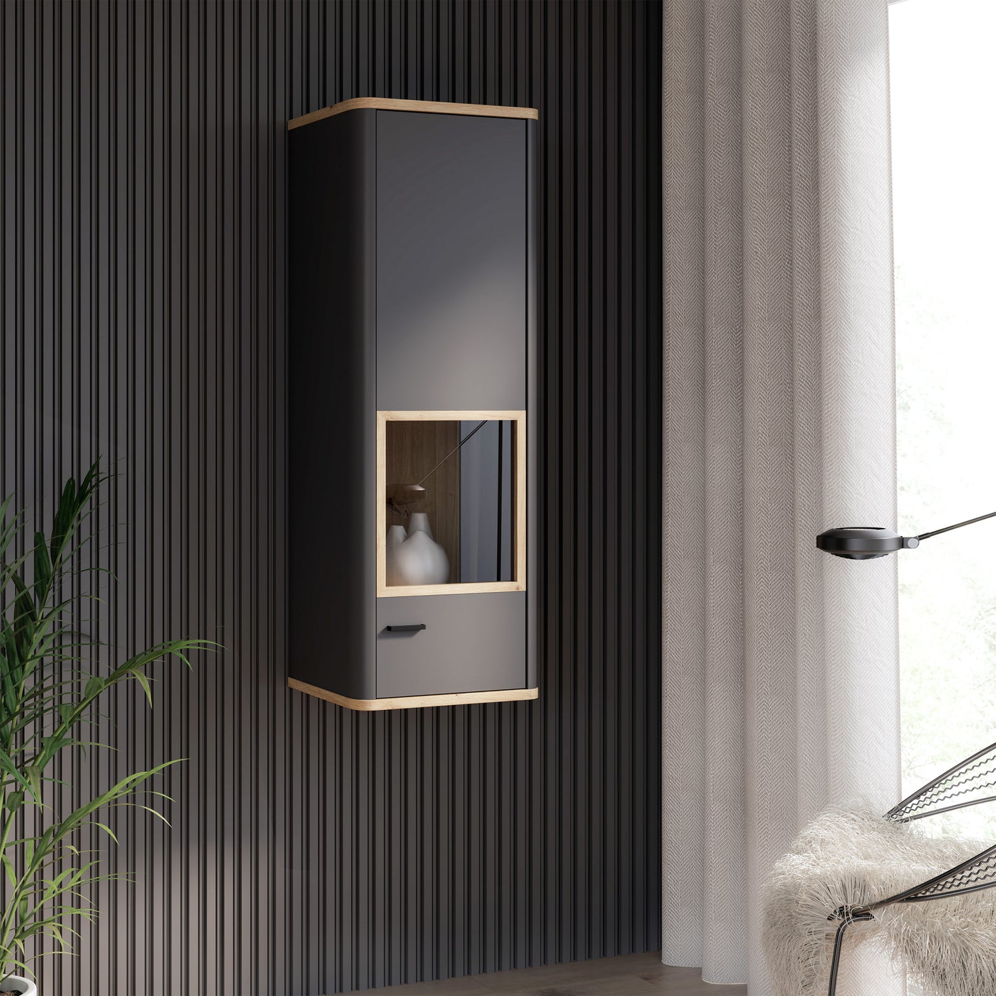 Klara Display Cabinet with 1 Glass Door in Grey and Oak inc LED Lighting
