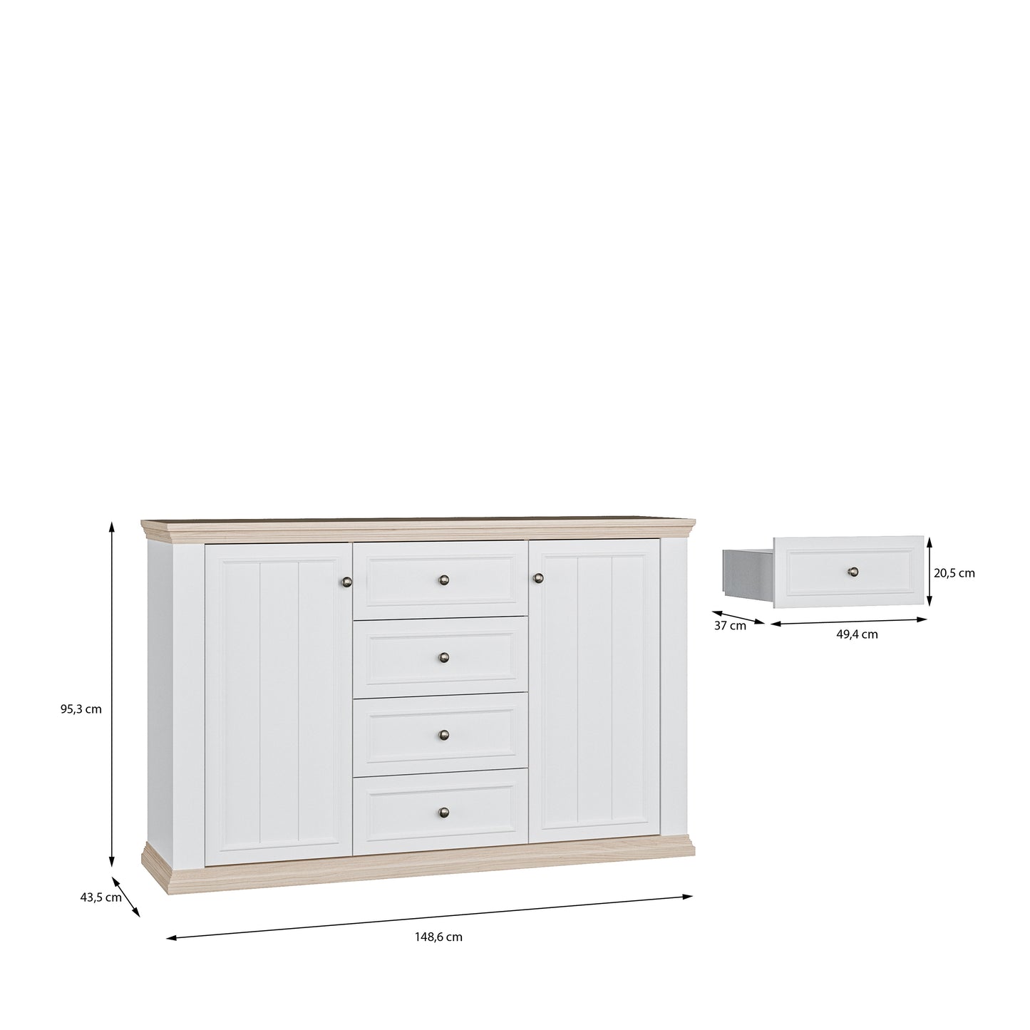 Pontypool 4 Drawer & 2 Door Sideboard in White and Riva Oak