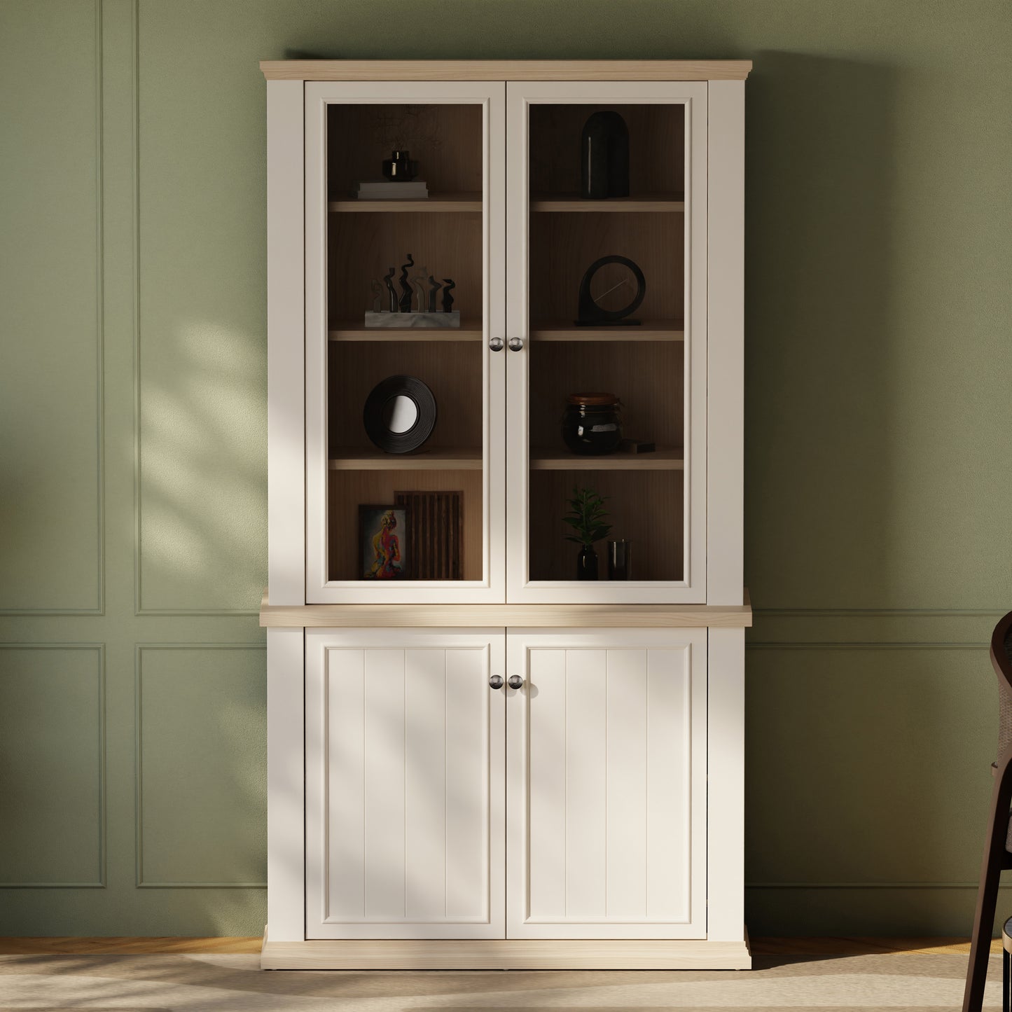 Pontypool 4 Door Display Cabinet in White and Riva Oak