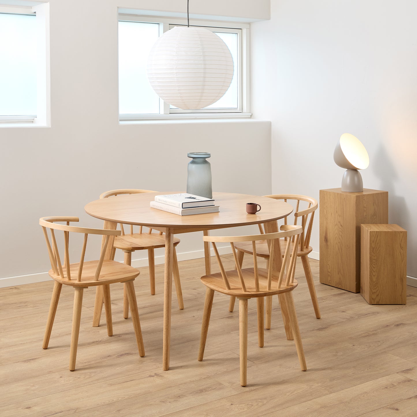 Nagano Round Dining Table in Oak 120 x120cm includes 4 Ida Dining Chair in Oak