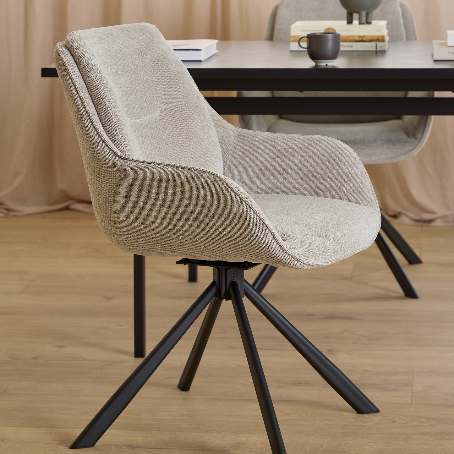 Angus Dining Table in Black Includes 4 Carrie Swivel Dining chair Sand