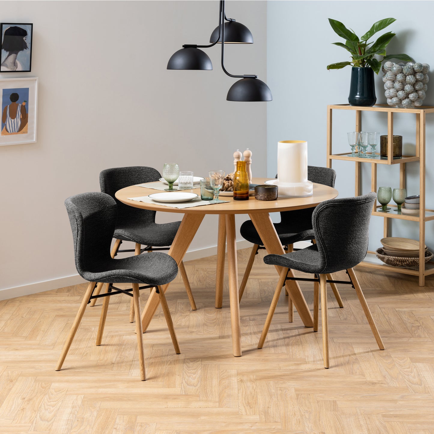 Townsville Round Dinning Table in White and Oak 100cm includes 4 Batilda Dining Chairs with Grey Fabric and Oak