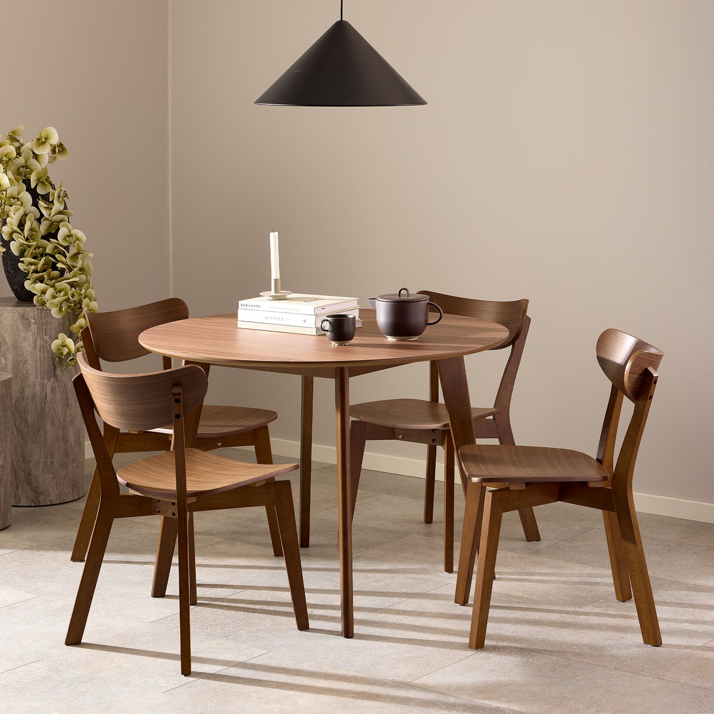 Roxby Round Dining Table in Walnut 120x120cm Includes 4 Roxby Dining Chairs in Walnut