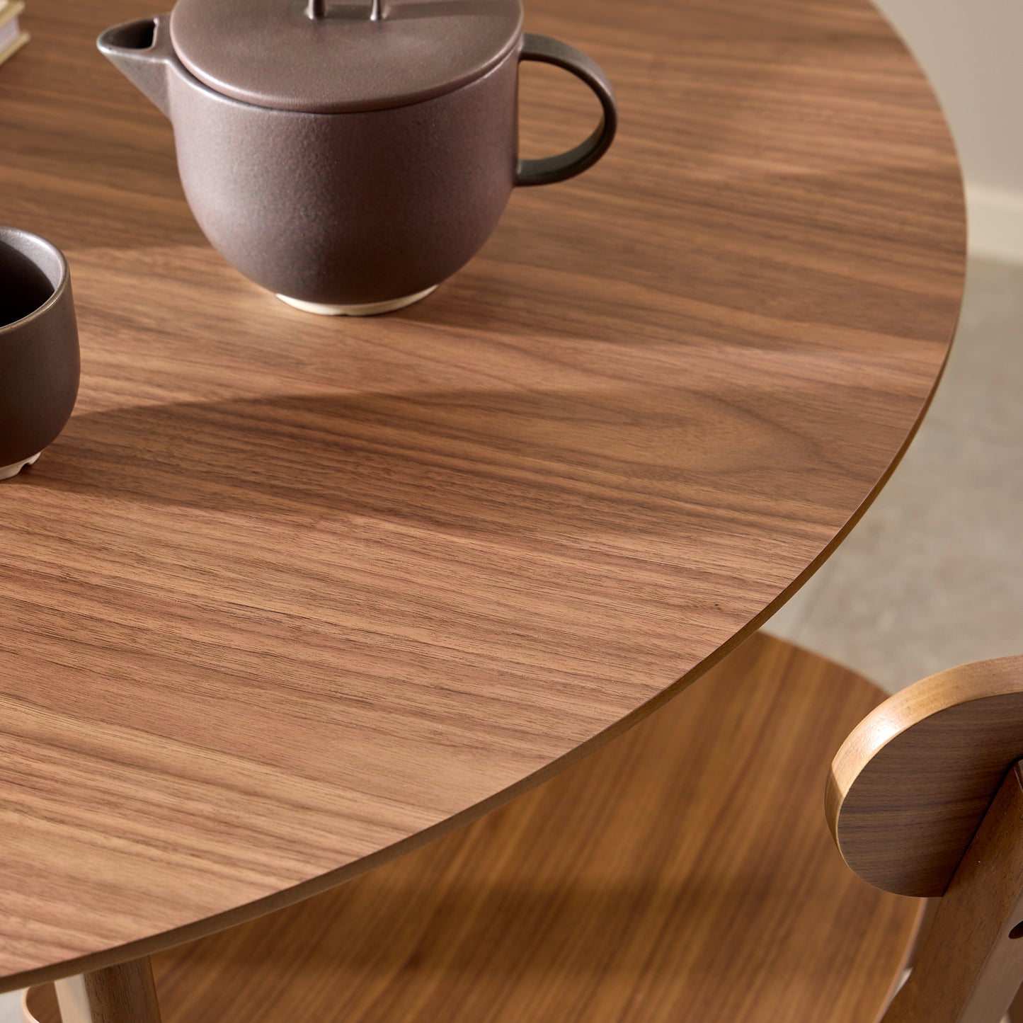 Roxby Round Dining Table in Walnut 120x120cm Includes 4 Roxby Dining Chairs in Walnut