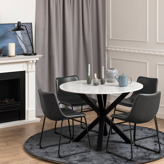 Heaven Round Dining Table with White Polished Marble Top 110x110cm includes 4 Oregon Dining Chairs in Black with Cream Stitching