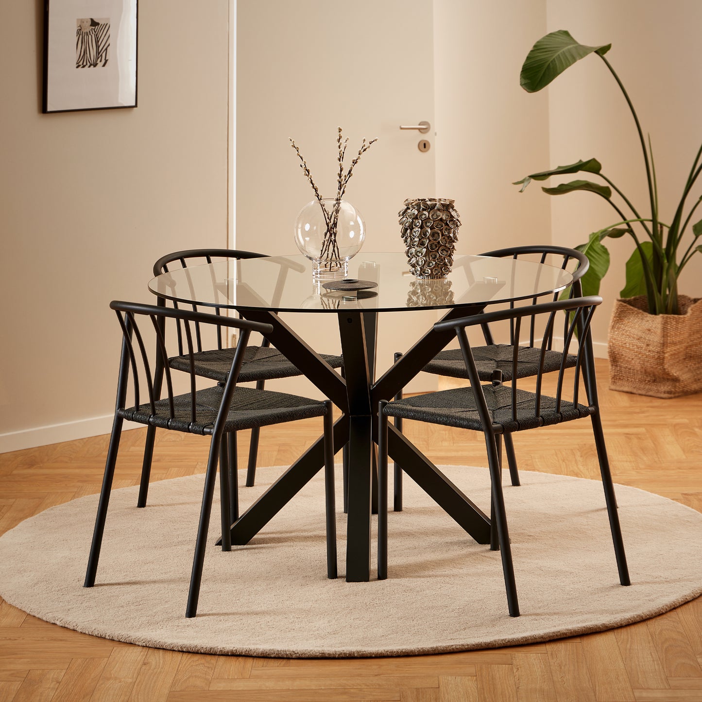 Heaven Round Dining Table with Clear Glass Top and Black Legs 119cm