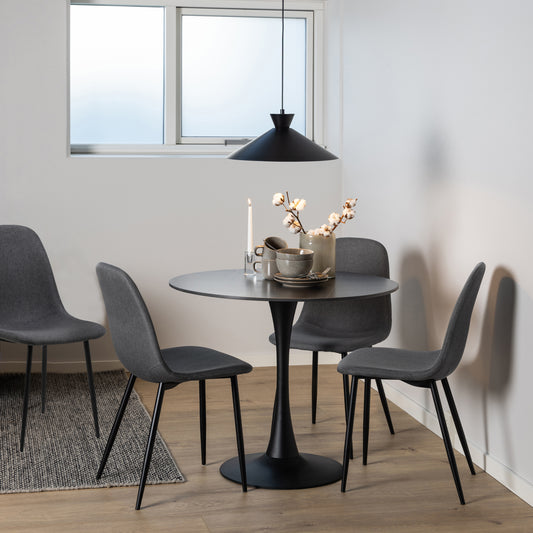 Malta Ceramic Round Dining Table in Black 90x90cm includes 4 Celia Dining Chairs in Light Grey