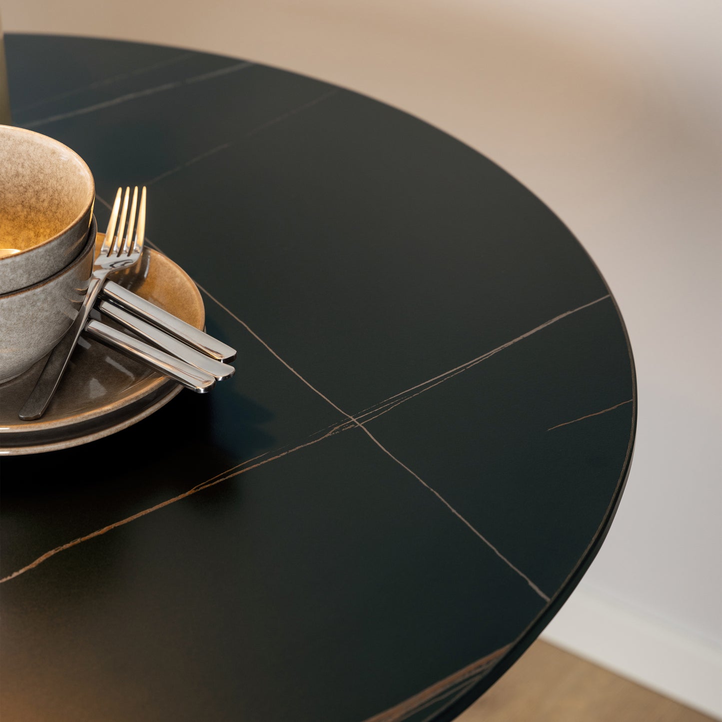 Malta Ceramic Round Dining Table in Black 90x90cm includes 4 Celia Dining Chairs in Light Grey