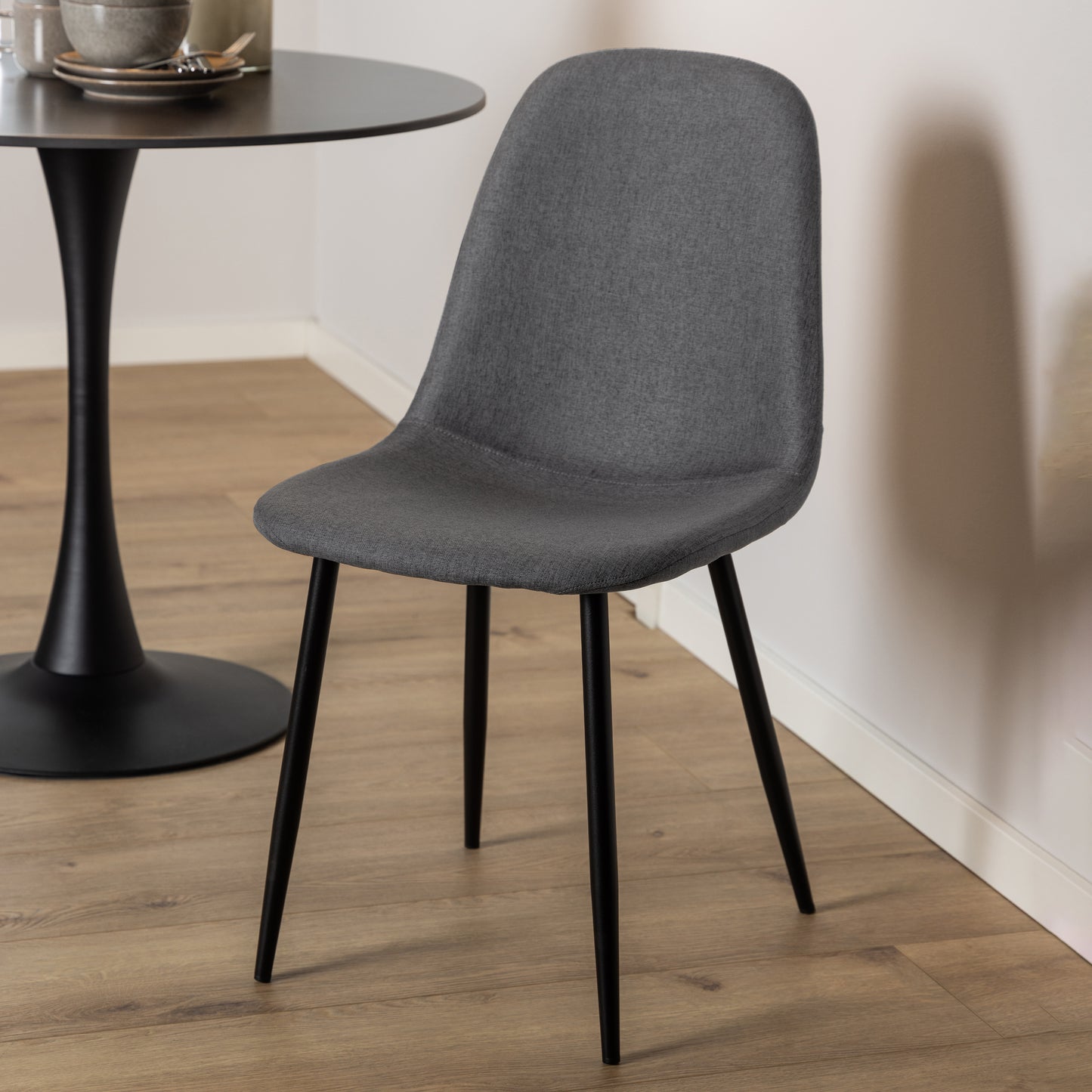 Malta Ceramic Round Dining Table in Black 90x90cm includes 4 Celia Dining Chairs in Light Grey