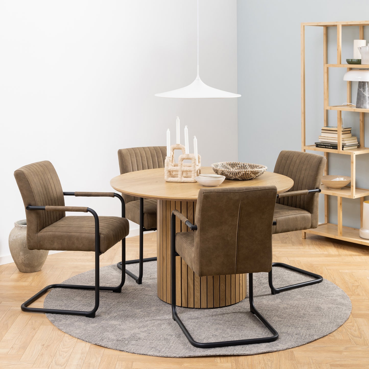 Yale Dining Table in Oak 120cm includes 4 Adele Fabric Dining Chairs in Light Brown Fabric