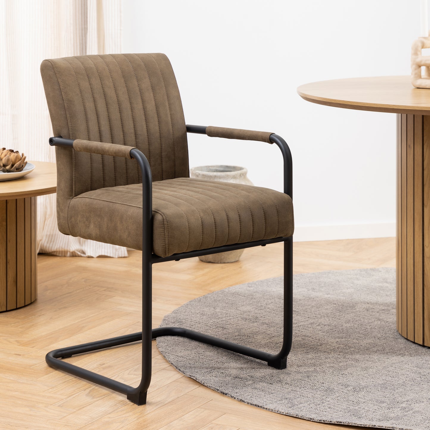 Yale Dining Table in Oak 120cm includes 4 Adele Fabric Dining Chairs in Light Brown Fabric