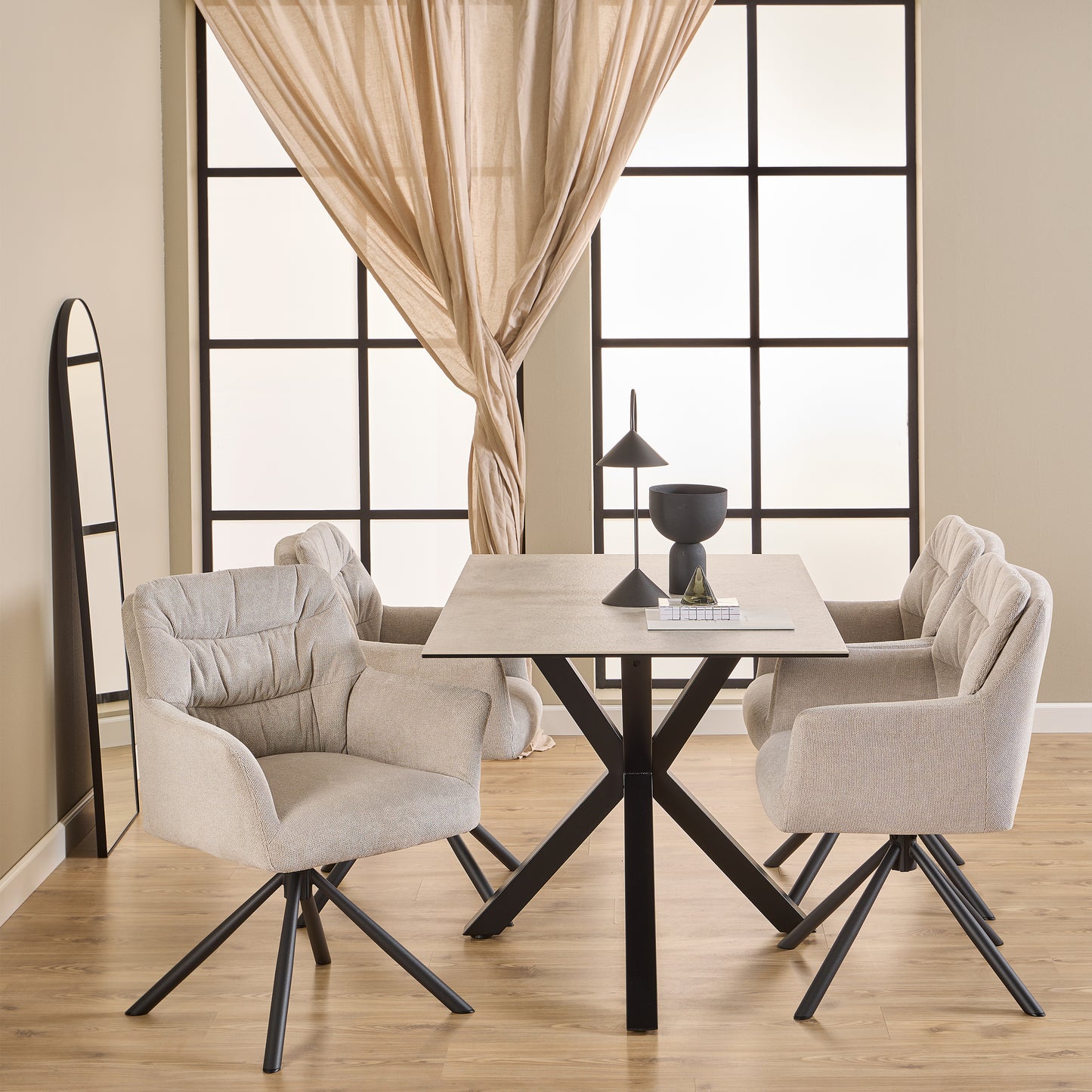 Heaven Dining Table Ceramic White top 135x80cm includes 4 Alonso Swivel Cream Dining Chairs includes Armrest