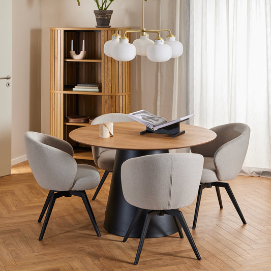 Soli Round Table in Oak/Black 120x75cm includes 4 Darlene Dining Chairs includes Armrest and Swivel Function in Beige