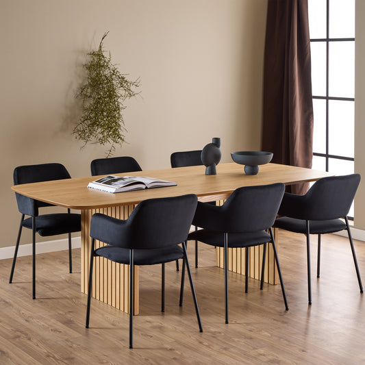 Christo Dining Table in Oak 220x105cm including 6 Lima Dining Chairs with Armrest in Black
